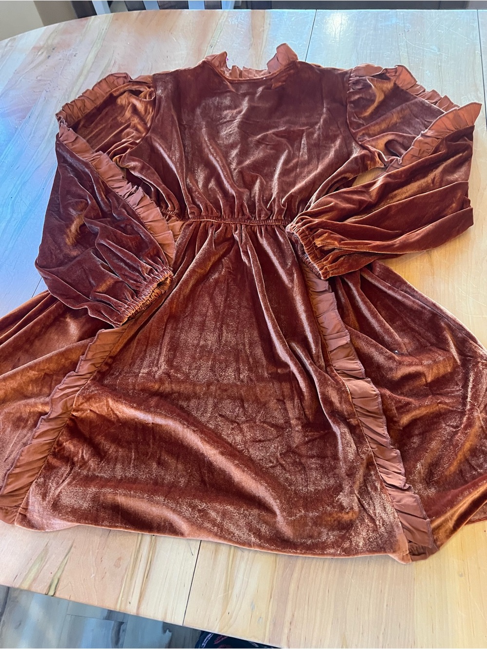 Ces Femme Velvet Ruffle Long Sleeve Dress - Rust - Picture 3 of 3